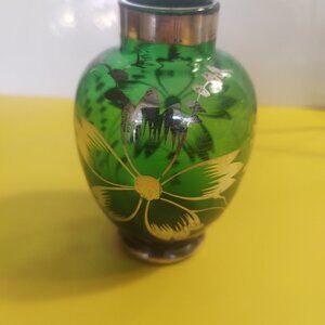 Vintage ITALY FLORENCE green emerald glass silver overlay vase 4.5"